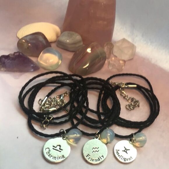 LIBRA IRON ZODIAC AND MOONSTONE PLANET CHARM BLACK SILK CORD NECKLACE - Picture 6 of 6